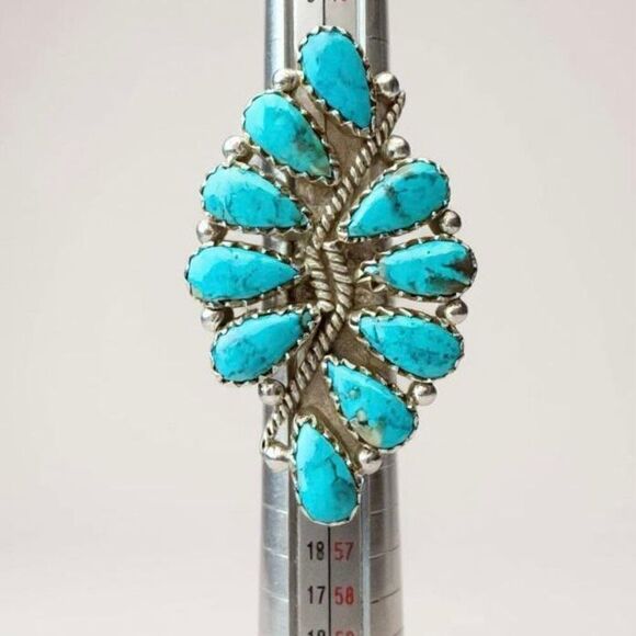 Kingman Turquoise 925 Sterling Silver Ring Statement Southwestern Cluster Size 5 - Picture 2 of 6
